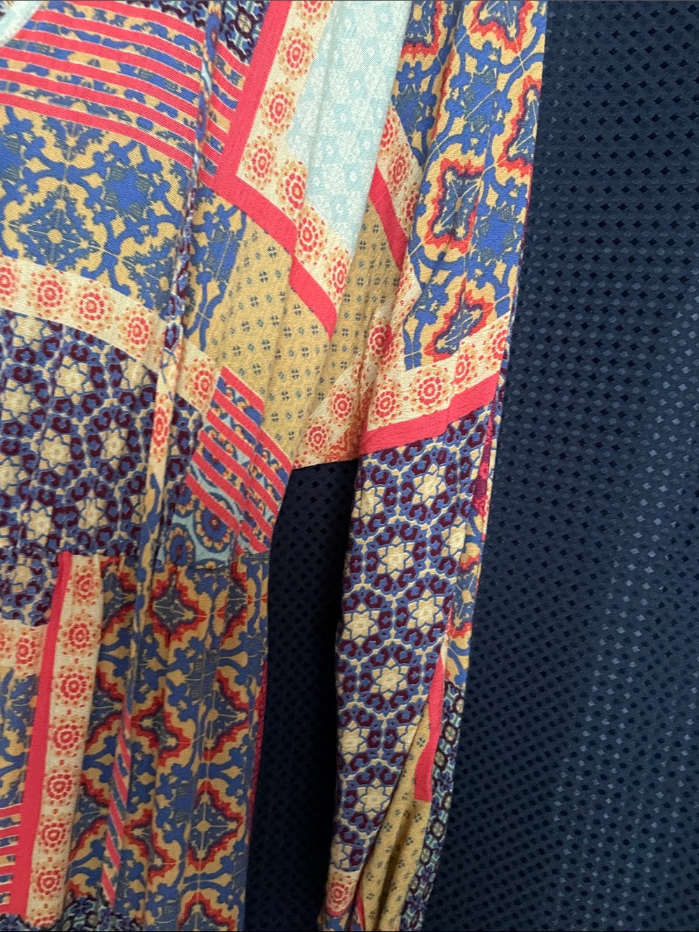 Patchwork Print Long-Sleeve V-Neck Dress in Red & Blue - Picture 12 of 15